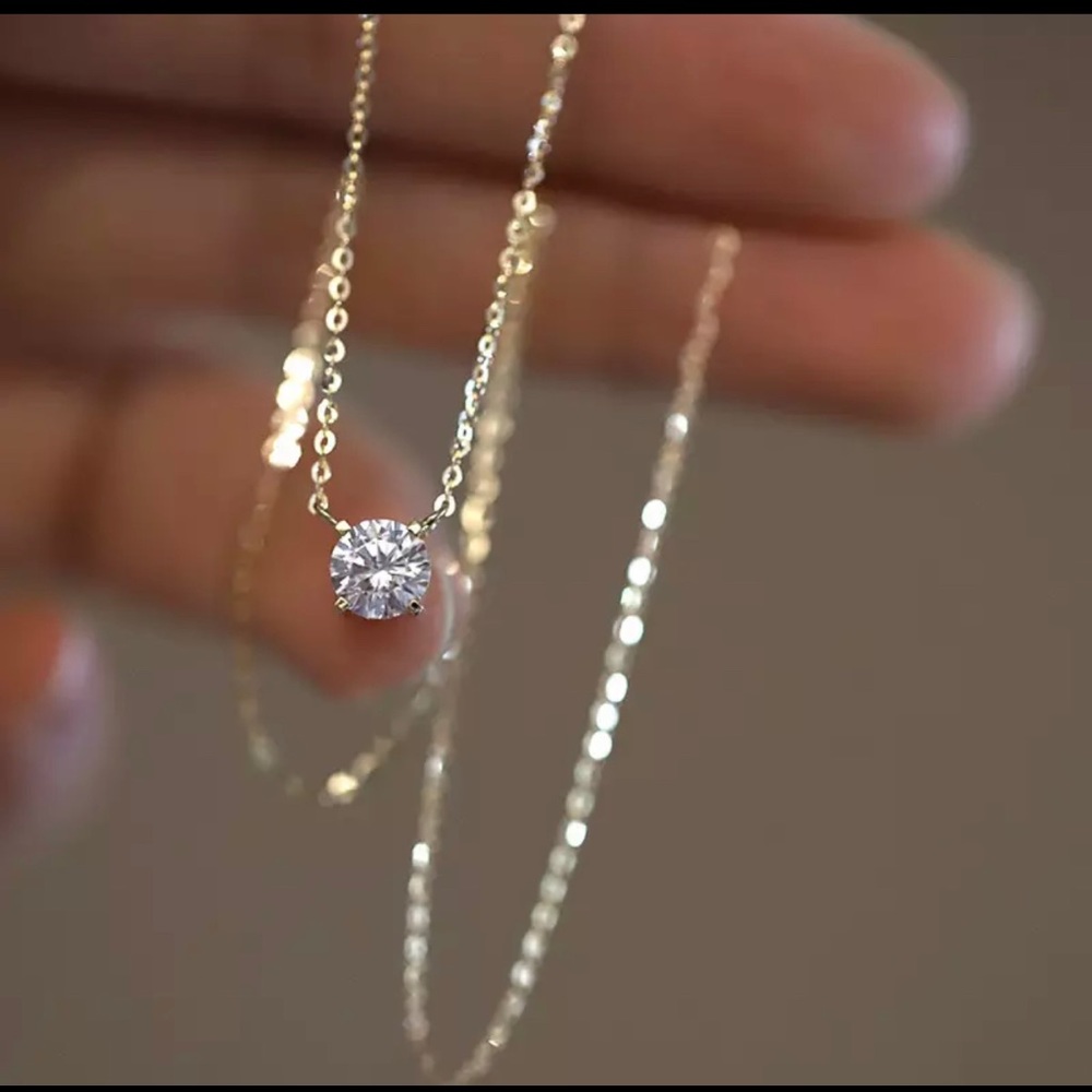 14k 925 Sterling Silver French Simple Crystal Pendant Necklace